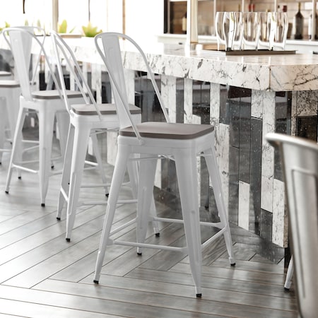 Flash Furniture 24" White Metal Counter Stool-Gray Poly Seat CH-31320-24GB-WH-PL2G-GG